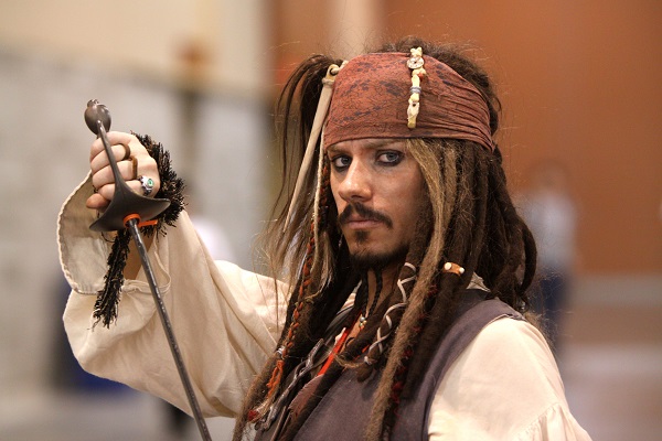 A cosplayer dressed as Captain Jack Sparrow, from Pirates of the Caribbean.