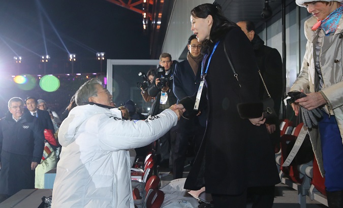 South Korean President Moon Jae-in shakes hands with Kim Jong Un's younger sister Kim Yo Jong at the Winter Olympics opening ceremony in Pyeongchang.