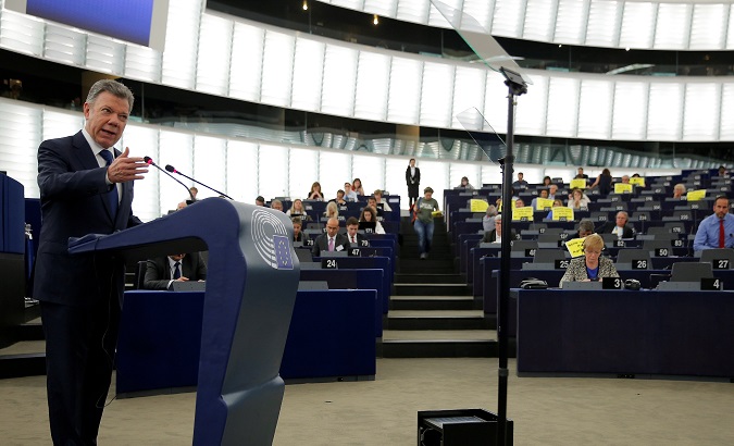 Colombian president addresses European Parliament while some legislators reject the country’s NATO membership.
