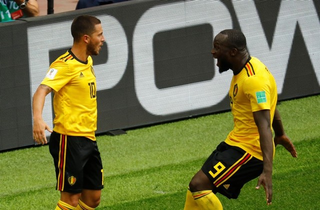 Belgium's Eden Hazard celebrates scoring their fourth goal with Romelu Lukaku.