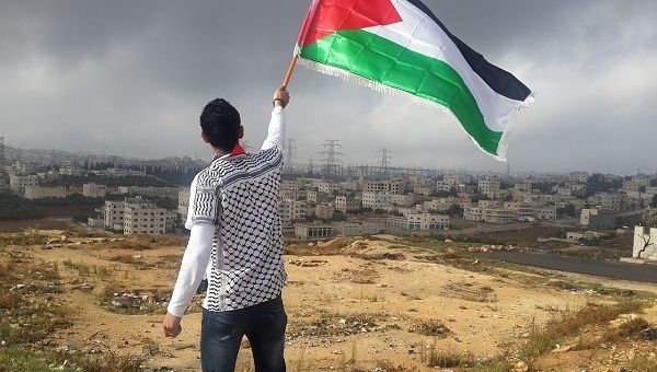 A man waves a Palestinian flag.