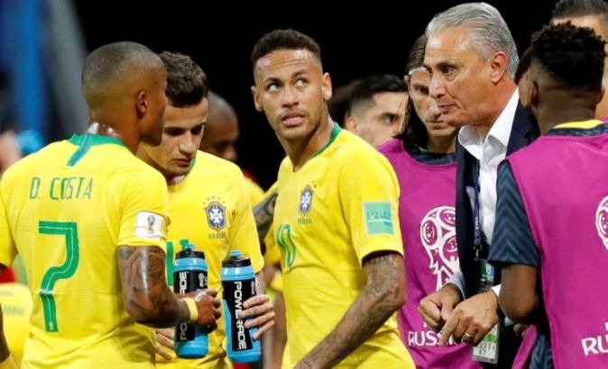 Brazil's football team during a break in play against Belgium at the 2018 World Cup.