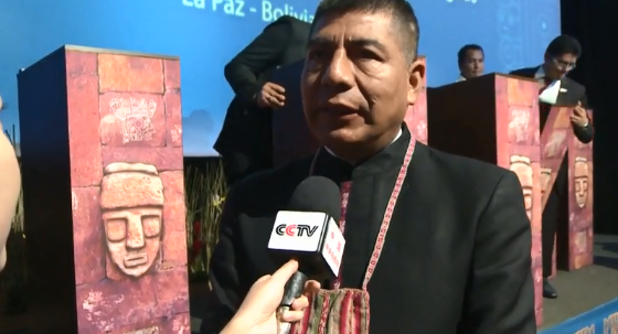 Bolivian foreign minister and Unasur pro-tempore secretariat, Fernando Huanacuni, speaks in an interview regarding U.S. trade and tariffs at Second Ancient Civilizations Forum in La Paz. July 2018