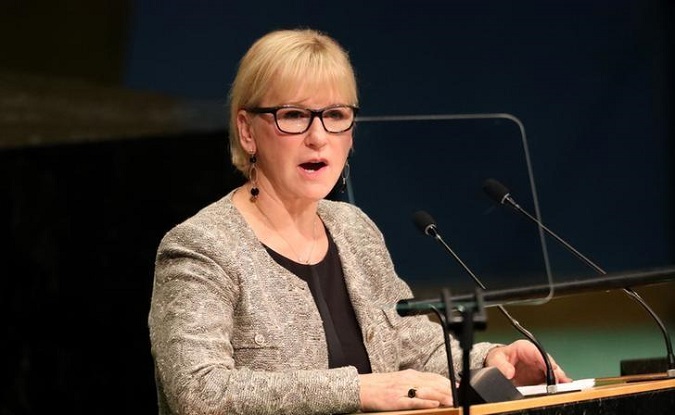 Swedish Foreign Minister Margot Wallstrom addresses the 71st United Nations General Assembly in New York, 2016.