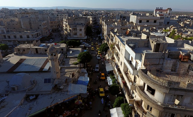 A general view taken with a drone shows part of the rebel-held Idlib city.