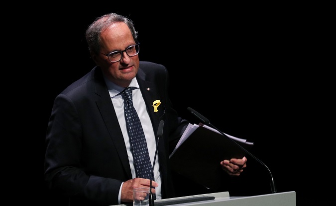 Catalan leader Quim Torra gives a speech at Catalonia's National Theatre (TNC) in Barcelona, Spain September 4, 2018.