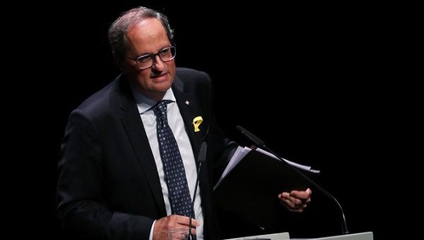 Catalan leader Quim Torra gives a speech at Catalonia's National Theatre (TNC) in Barcelona, Spain September 4, 2018. 