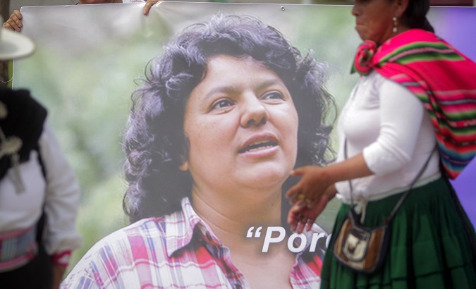 The Latin American Network of Women Defenders of Social and Environmental Rights demonstrate in honor of Caceres, 2016.