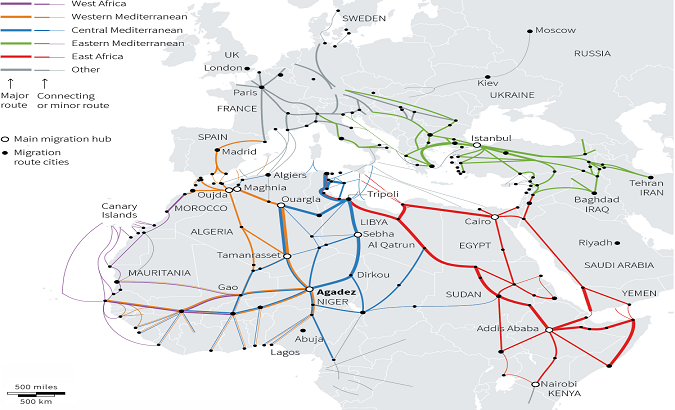 Migration routes from Africa and Middle East.