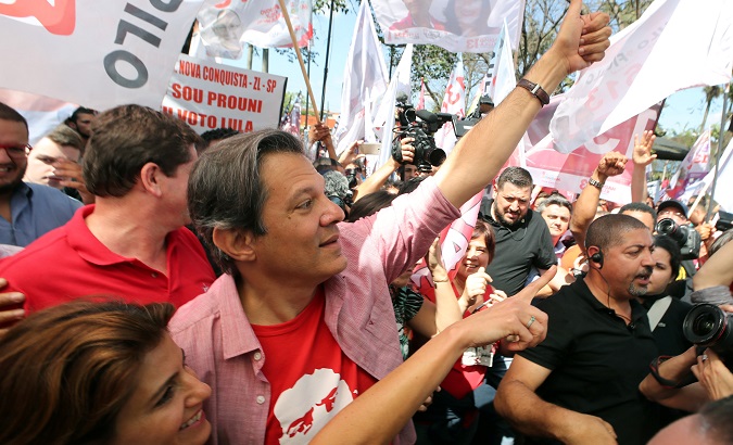 Presidential candidate Fernando Haddad of Workers Party (PT) attends a rally campaign in Sao Paulo, Brazil Sept. 19, 2018.