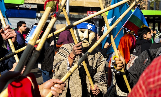 A Mapuche protest in Santiago demanding spiritual and health rights for their Machi Celestino Cordova. July 22, 2018. Santiago de Chile.