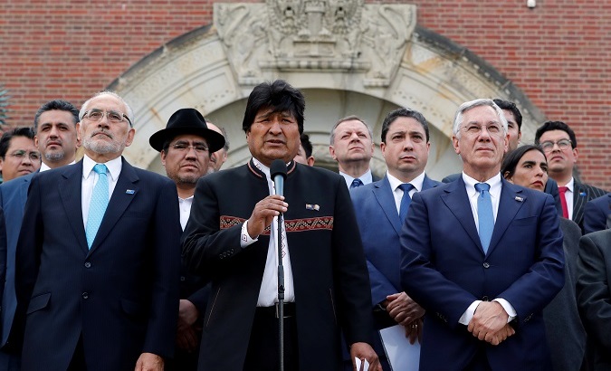 Bolivian President Evo Morales speaks outside the International Court of Justice in The Hague.