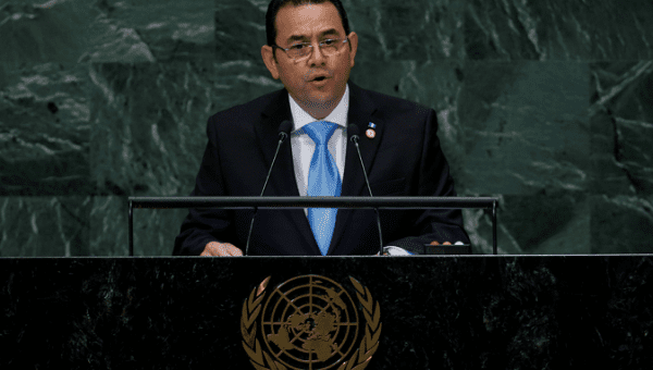 Guatemalan President Jimmy Morales addresses the 73rd session of the U.N. General Assembly in New York, U.S., Sept. 25, 2018. 