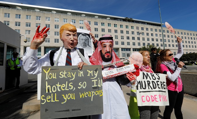 Activists protest the disappearance of Saudi journalist Jamal Khashoggi during demonstration outside U.S. State Department in Washington.