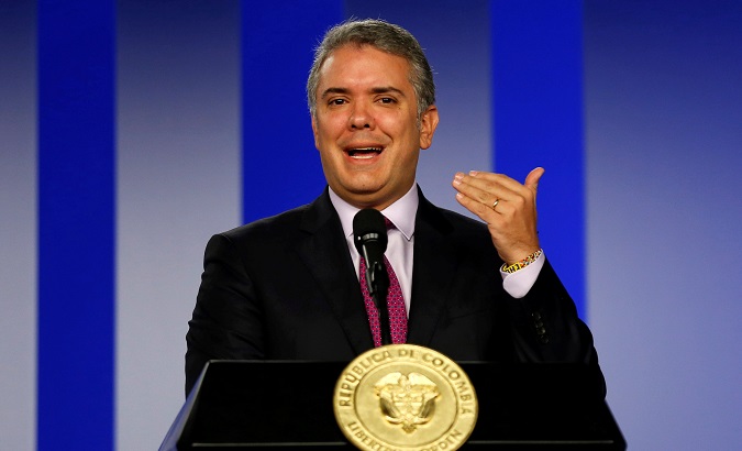 Colombia's President Ivan Duque speaks during a conference at the presidential palace in Bogota.