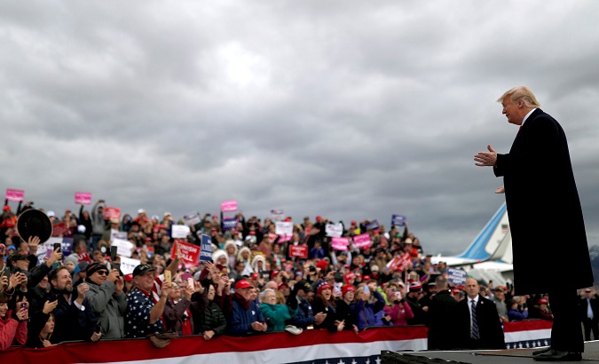 U.S. President Donald Trump arrives to attend a campaign rally for Republican U.S. Senate candidate Matt Rosendale at the Bozeman Yellowstone International Airport in Belgrade, Montana, U.S., November 3, 2018.