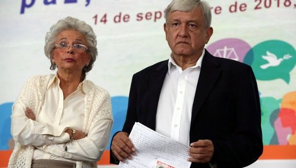 Mexico's President-elect Andres Manuel Lopez Obrador and Olga Sanchez Cordero during the Second Pacification and Reconciliation Forum in Mexico City.