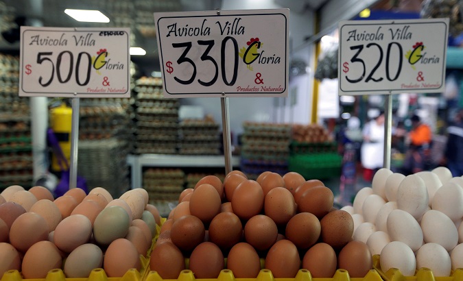 Trays of eggs are seen in the Paloquemao market square in Bogota, Colombia.