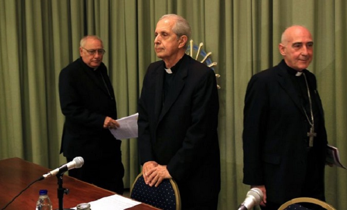 Archbishop Mario Poli (C) after the Plenary Assembly of the Argentine Episcopal Conference in Pilar, Argentina on Nov. 9.