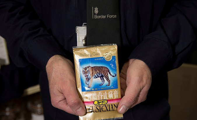 An officer holds a package containing crushed tiger bones, seized by the UK Border Force at Heathrow Airport. London, Britain, Nov. 22.