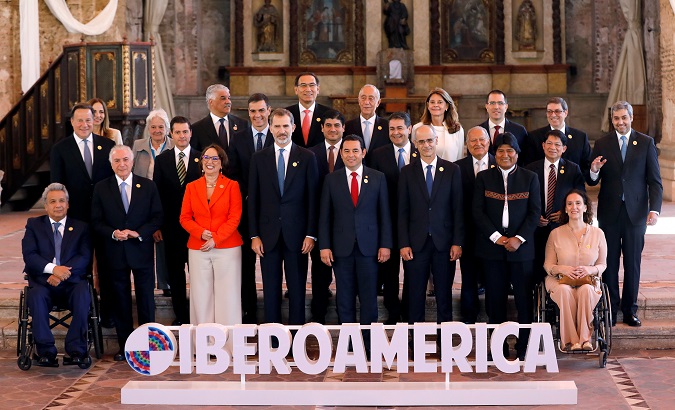 Ibero-American leaders pose for a group photo during the XXVI Ibero-American Summit in Antigua Guatemala