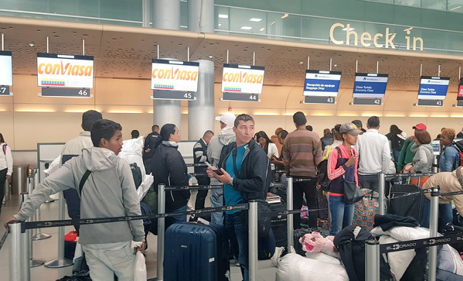 Venezuelans in Bogota airport await to check in to their flight back to Caracas via government's Return to the Homeland Plan.