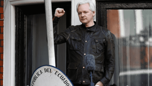 Wikileaks founder Julian Assange speaks on the balcony of the Embassy of Ecuador in London, Britain, May 19, 2017. 