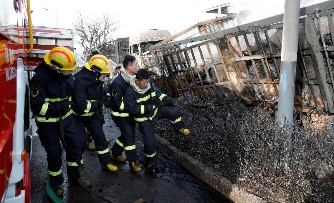 Firefighters at the scene of the blast in Zhangjiakou, Hebei province, China on November 28, 2018.