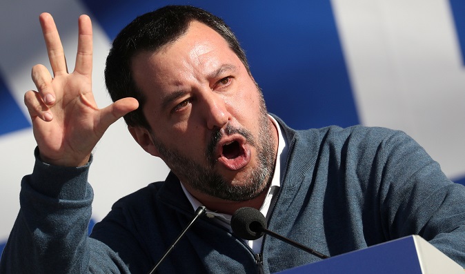 Leader of right-wing League party and Italian Interior Minister Matteo Salvini speaks during a rally in Rome, Italy, Dec. 8, 2018