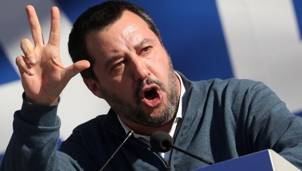 Leader of right-wing League party and Italian Interior Minister Matteo Salvini speaks during a rally in Rome, Italy, Dec. 8, 2018