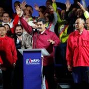 Venezuela's President Maduro stands with supporters after the results of the May 20, 2018 election were released in Caracas.