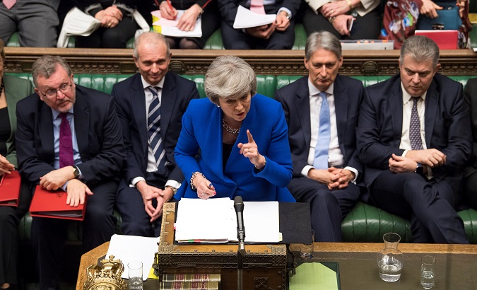 British Prime Minister Theresa May talks during a no confidence debate after Parliament rejected her Brexit deal, in London, Britain, Jan. 16, 2019.