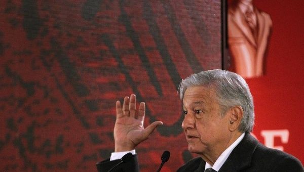 Mexican President Andres Manuel Lopez Obrador speaks during a morning press conference at the National Palace in Mexico City