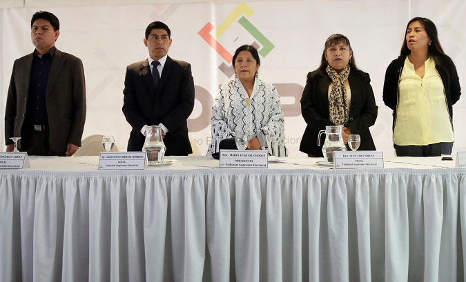 President of Bolivia's Supreme Electoral Tribunal Maria Eugenia Choque and members of the Tribunal attend a ceremony in La Paz, Bolivia, January 4, 2019.