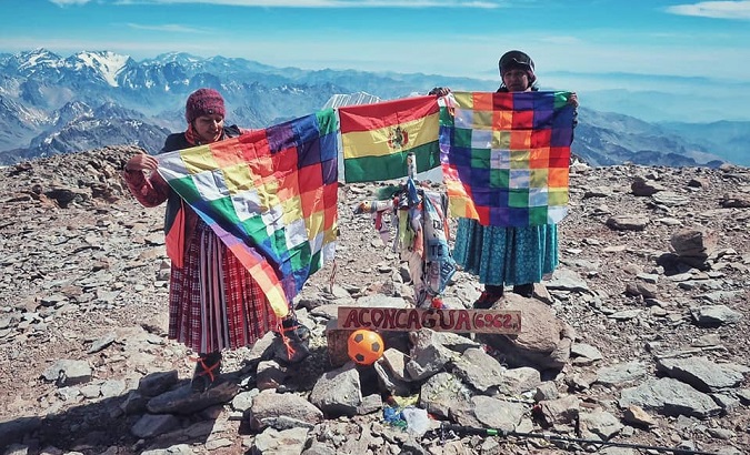 Analia Gonzales Magueño and Elena Quispe Tincutas at the top of the Aconcagua, the tallest mountain in America. Jan. 23, 2019.