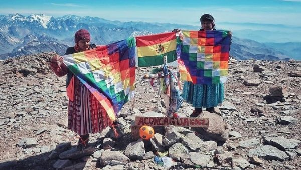Analia Gonzales Magueño and Elena Quispe Tincutas at the top of the Aconcagua, the tallest mountain in America. Jan. 23, 2019.
