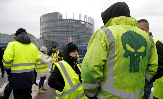 Yellow Vests protest in front of the European Parliament in Strasbourg, France, Jan. 12, 2019.