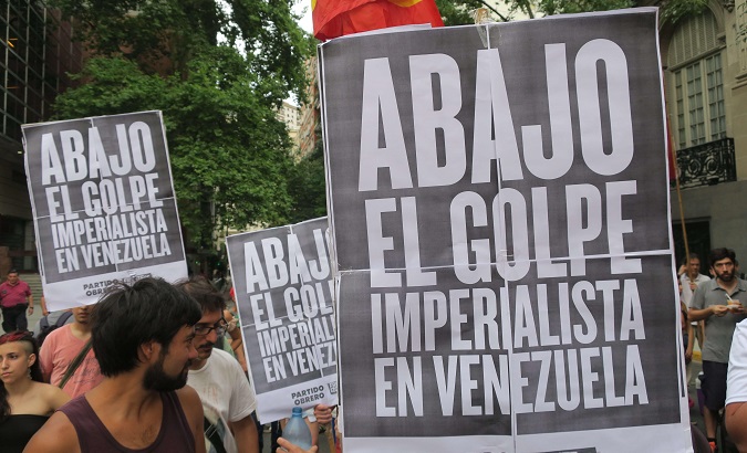 Argentines protest against 'imperialist interference' in Venezuela, in Buenos Aires, Argentina, Jan. 29, 2019.