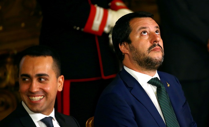 Interior Minister Matteo Salvini looks on next to Italy's Minister of Labour and Industry Luigi Di Maio at the Quirinal palace in Rome, Italy, June 1, 2018.
