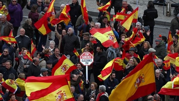 People gather during a protest called by right-wing opposition parties against Spanish Prime Minister Pedro Sanchez at Colon square in Madrid, Spain, February 10, 2019. 