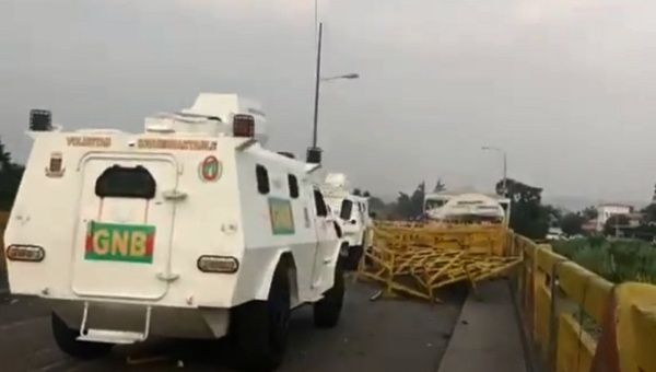 Venezuelan armed vehicles are seen at the Venezuelan-Colombian border after the staged attack by right-wing elements. 