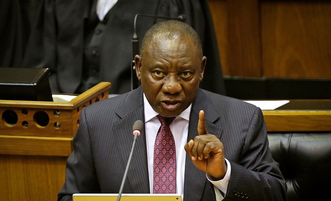 South African President Cyril Ramaphosa speaks in parliament in Cape Town, South Africa.