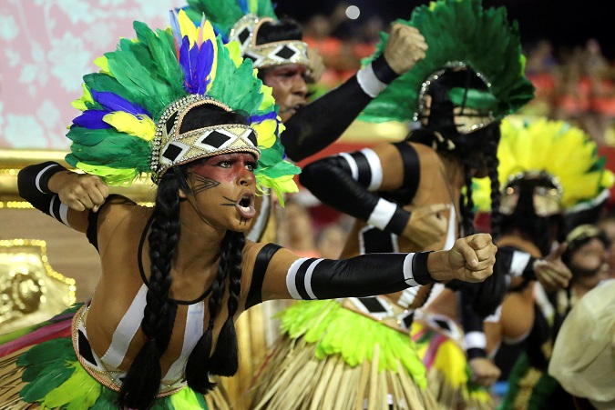 Mangueira samba school perform at the Sambadrome in Rio de Janeiro, Brazil, Mar. 5, 2019.