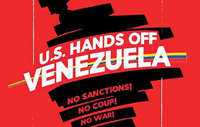 An Answer coalition banner promoting march against U.S. intervention in Venezuela.