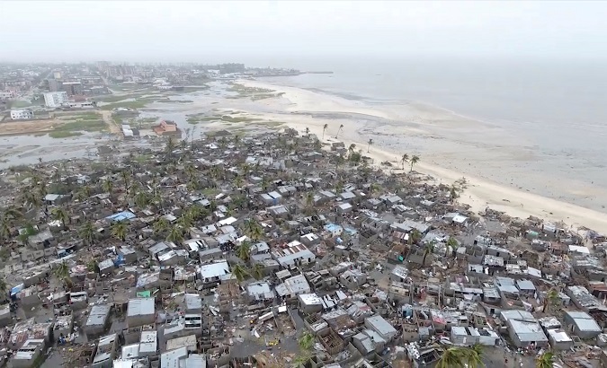 Drone footage shows destruction after Cyclone Idai in the settlement of Praia Nova, which sits on the edge of Beira, Mozambique, March 18, 2019