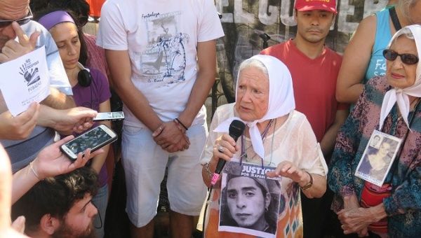 Nora Morales de Cortiñas, founder of Mothers of Plaza de Mayo, is shown participating at a protest in Buenos Aires, Argentina, Jan. 25, 2018.