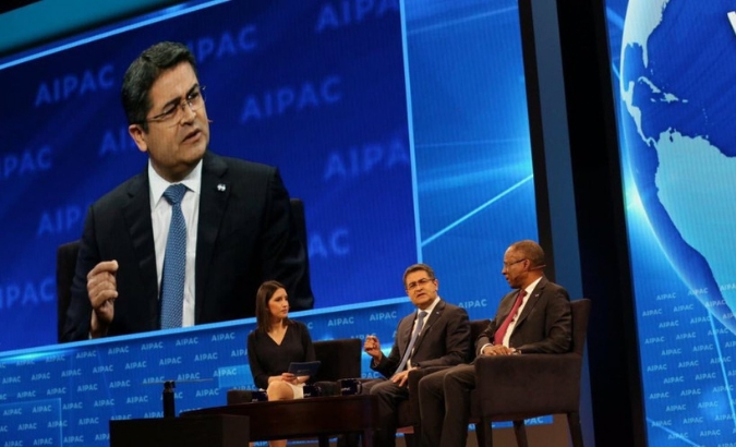Honduran President Juan Orlando Hernandez speaks during the 2019 American Israel Public Affairs Committee (AIPAC) Policy Conference.