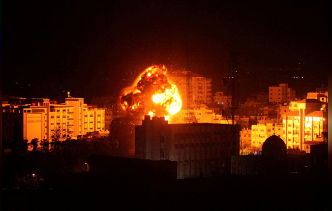 An explosion in Gaza City from Israeli rockets.  March 25, 2019