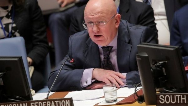 Vassily Nebenzia, Russian Ambassador to the United Nations, addresses the United Nations Security Council at U.N. headquarters.