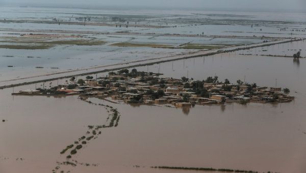 An aerial view of flooding in Khuzestan province, Iran, April 5, 2019. 